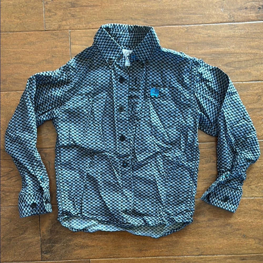 Cinch Blue and Black Button Down Shirt with Polka Dot Pattern